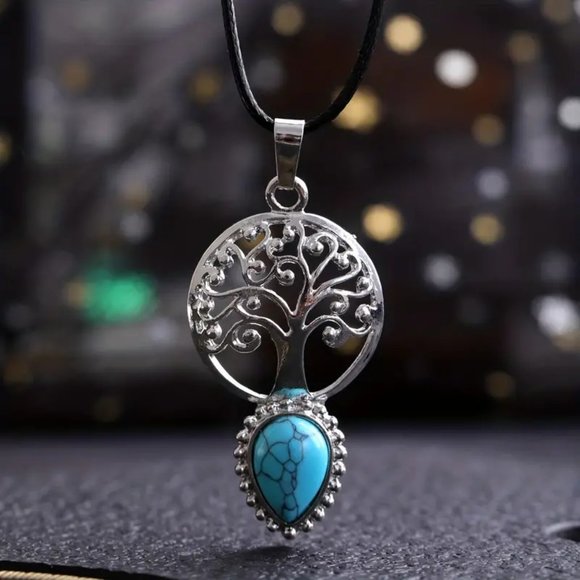 Turquoise Color Tree Of Life Drop Pendant Synthetic Stone Necklace - Picture 2 of 2